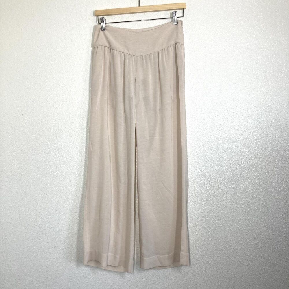 Intermix Pants Womens Petite Beige Khaki Sheer Wide Leg High Waist Viscose Wool